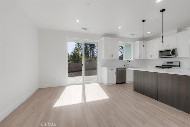 kitchen featuring decorative light fixtures, a wealth of natural light, light hardwood / wood-style floors, and appliances with stainless steel finishes