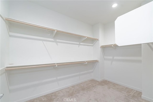 walk in closet with light carpet