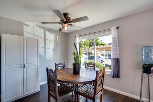 dining room with ceiling fan and dark hardwood / wood-style flooring