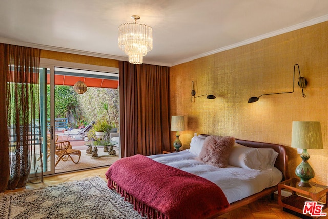 bedroom with ornamental molding, access to exterior, an inviting chandelier, and parquet floors