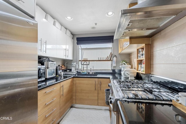 kitchen featuring backsplash, stainless steel appliances, exhaust hood, sink, and white cabinetry