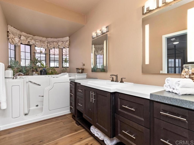 bathroom featuring vanity, a washtub, and wood-type flooring