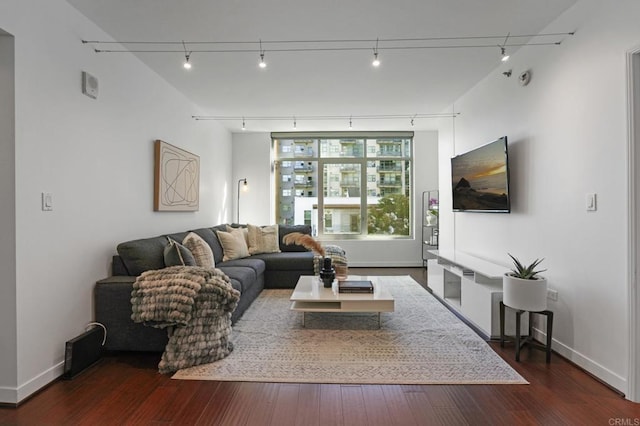 living room featuring dark wood-type flooring and track lighting