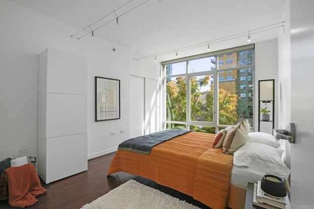 bedroom featuring rail lighting and dark hardwood / wood-style floors