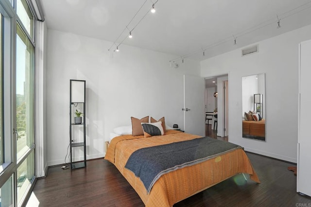 bedroom featuring rail lighting, dark hardwood / wood-style floors, and multiple windows