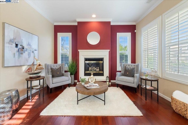 sitting room featuring dark hardwood / wood-style floors and crown molding