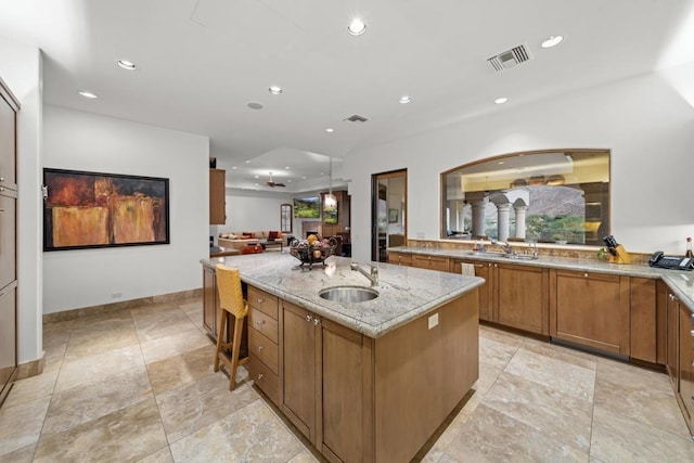 kitchen with light stone countertops, sink, and an island with sink