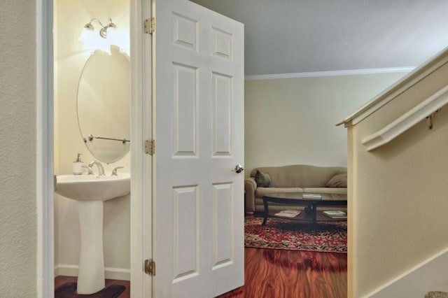 interior space featuring crown molding, sink, and wood-type flooring