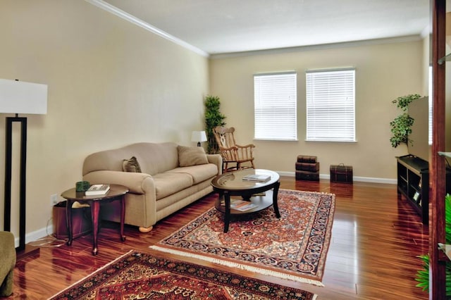 living room featuring crown molding and wood-type flooring