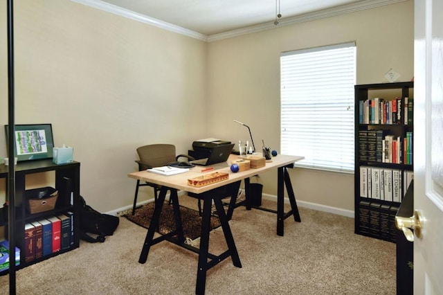 office space with light colored carpet and ornamental molding