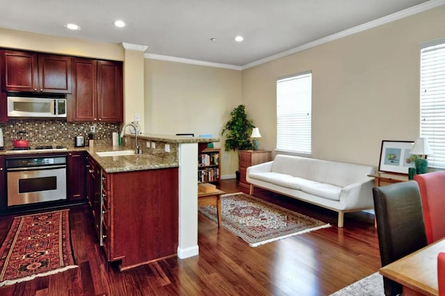 kitchen featuring sink, dark hardwood / wood-style flooring, backsplash, kitchen peninsula, and appliances with stainless steel finishes