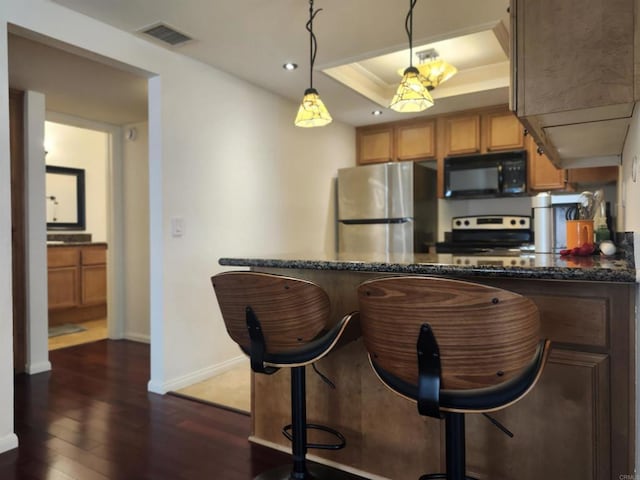 kitchen with a raised ceiling, dark stone counters, hanging light fixtures, stainless steel appliances, and dark wood-type flooring