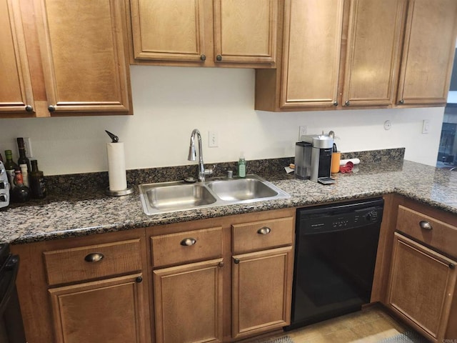 kitchen featuring dishwasher, sink, and dark stone countertops