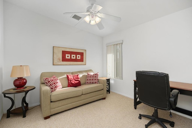 office area featuring carpet flooring and ceiling fan