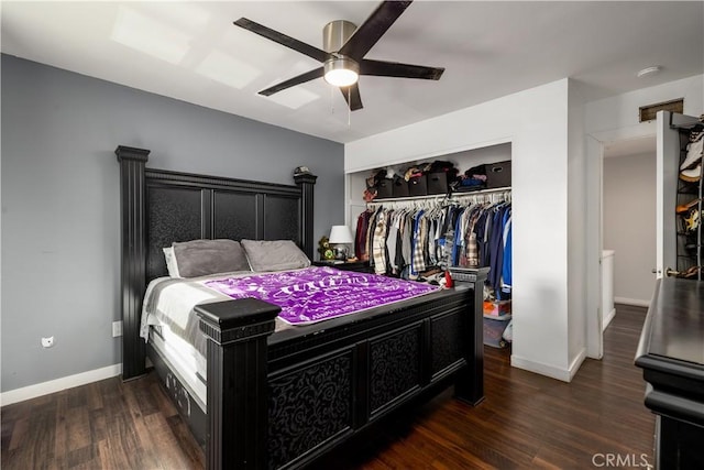 bedroom featuring dark hardwood / wood-style flooring, a closet, and ceiling fan