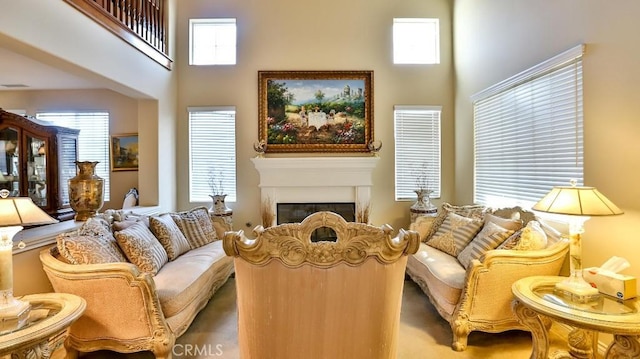 living room with a healthy amount of sunlight and a high ceiling