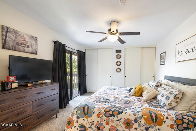 bedroom featuring access to exterior, ceiling fan, and light colored carpet