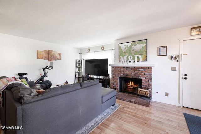 living room with a fireplace and light hardwood / wood-style flooring