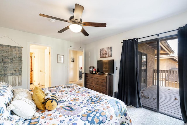 bedroom featuring ceiling fan, access to exterior, and light colored carpet