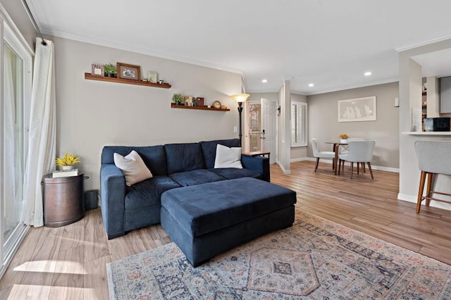 living room featuring light hardwood / wood-style flooring and crown molding