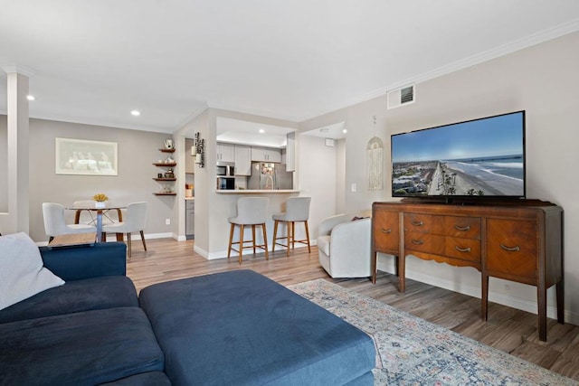 living room with crown molding and wood-type flooring