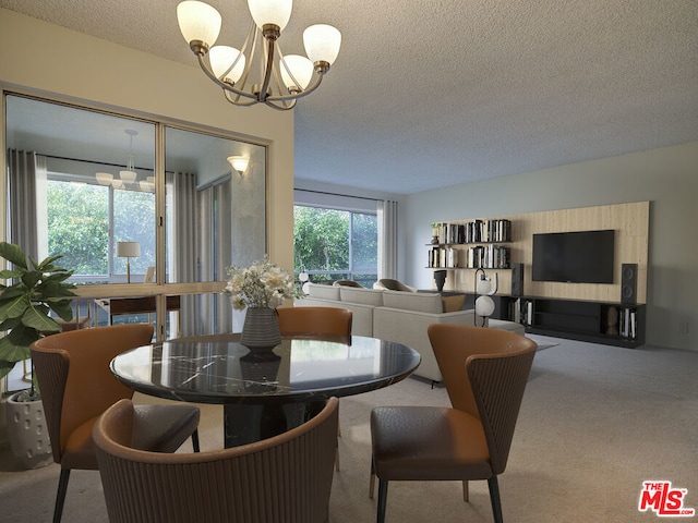 carpeted dining space with a textured ceiling and a notable chandelier