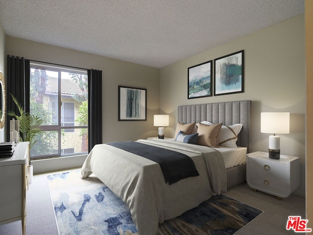 carpeted bedroom with a textured ceiling