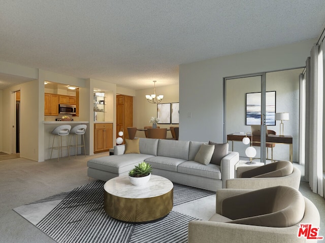 carpeted living room with a textured ceiling and a chandelier