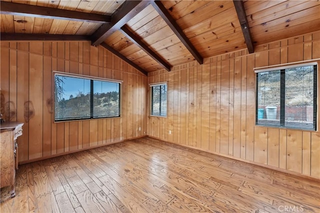 unfurnished room with light wood-type flooring, wooden ceiling, and wooden walls