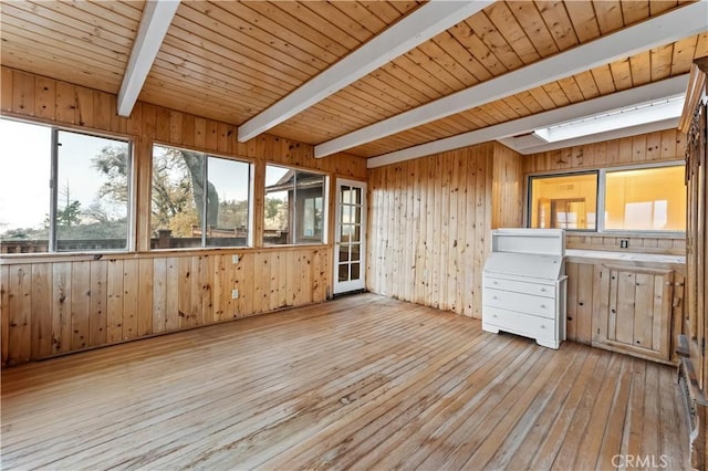 unfurnished sunroom featuring a skylight, beamed ceiling, and wood ceiling