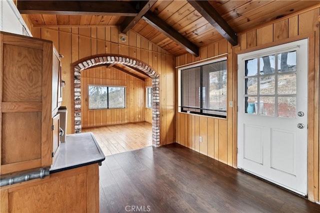 foyer entrance featuring lofted ceiling with beams, dark wood-type flooring, a healthy amount of sunlight, and wood walls