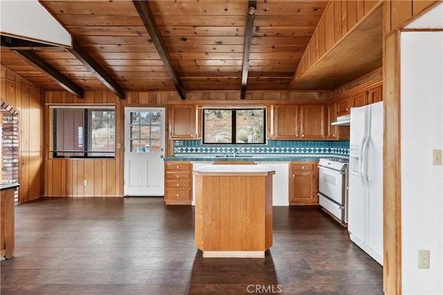 kitchen with wood walls, white appliances, beam ceiling, a kitchen island, and dark hardwood / wood-style flooring