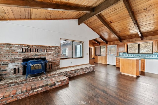 unfurnished living room with beam ceiling, high vaulted ceiling, wooden ceiling, dark hardwood / wood-style floors, and a wood stove