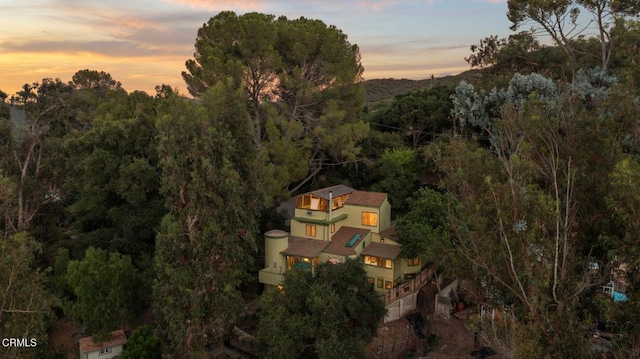 aerial view at dusk with a wooded view