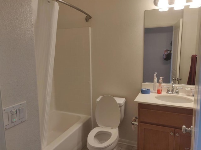 full bathroom with tile patterned flooring, vanity, toilet, and shower / bathtub combination with curtain