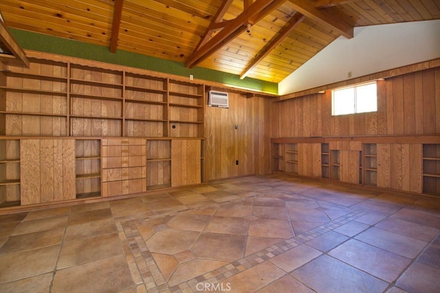 empty room with a wall mounted air conditioner, lofted ceiling with beams, wooden walls, and wooden ceiling