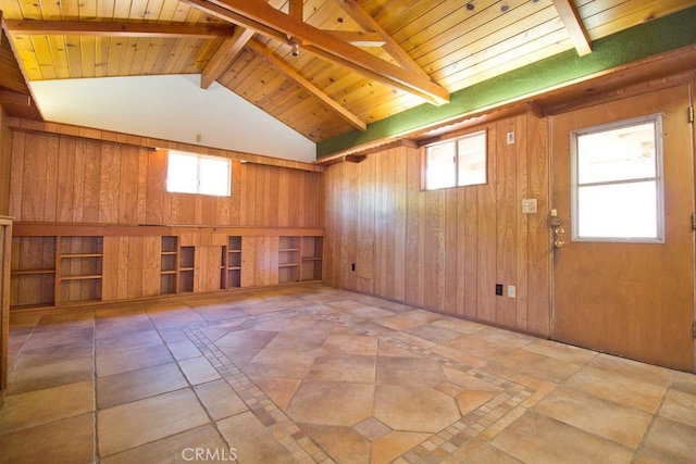 spare room featuring vaulted ceiling with beams, wooden walls, plenty of natural light, and wooden ceiling