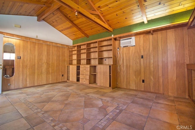 unfurnished living room featuring lofted ceiling with beams, a wall unit AC, wooden ceiling, and wooden walls