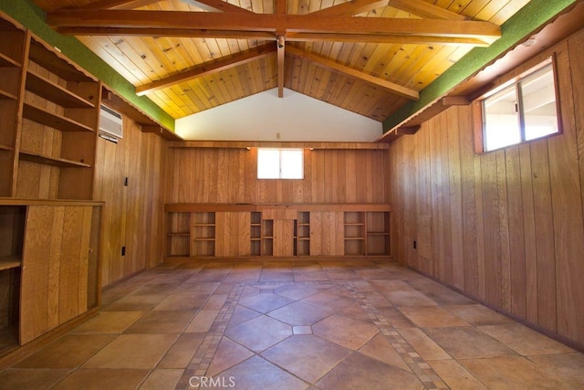 unfurnished room featuring wooden walls, plenty of natural light, and wood ceiling