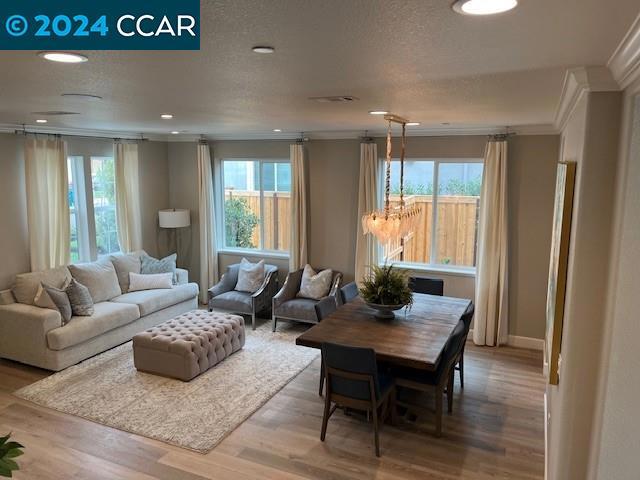 living room featuring crown molding, a healthy amount of sunlight, a textured ceiling, and wood-type flooring