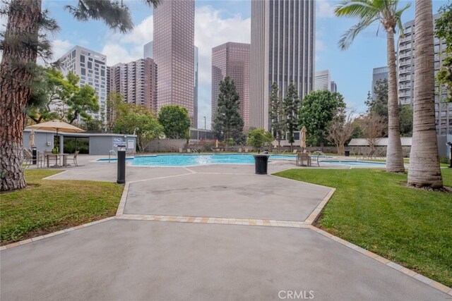 view of pool with a lawn and a patio