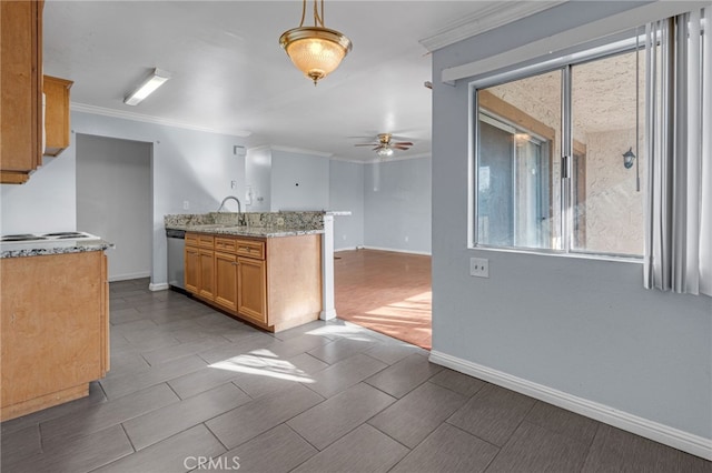 kitchen with ceiling fan, decorative light fixtures, dishwasher, and ornamental molding