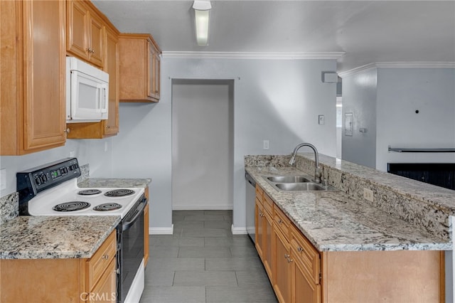 kitchen featuring electric range oven, stainless steel dishwasher, sink, ornamental molding, and light stone counters