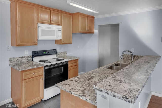 kitchen with kitchen peninsula, range with electric cooktop, sink, and ornamental molding