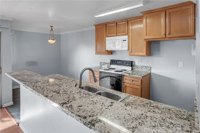 kitchen featuring sink, crown molding, hanging light fixtures, range with electric stovetop, and light stone counters