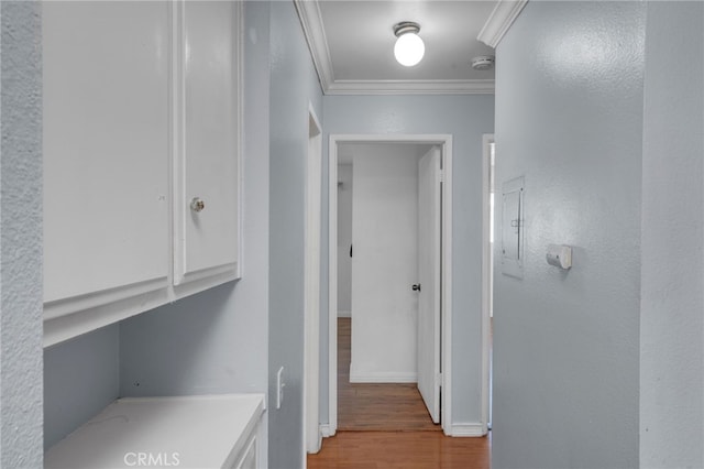 hallway with crown molding and light hardwood / wood-style flooring