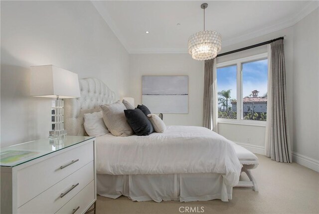 1 Moss Lndg, Laguna Niguel, CA 92677 - bedroom featuring crown molding, light colored carpet, and a chandelier