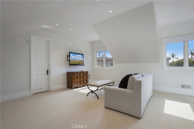1 Moss Lndg, Laguna Niguel, CA 92677 - living area featuring vaulted ceiling, carpet floors, and recessed lighting