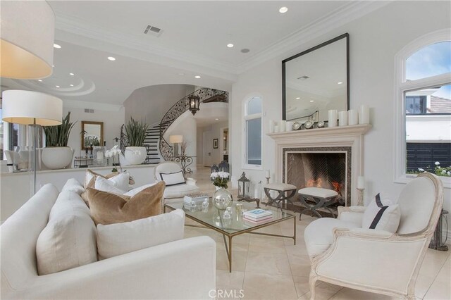 1 Moss Lndg, Laguna Niguel, CA 92677 - living area with crown molding, recessed lighting, a fireplace, and tile patterned floors