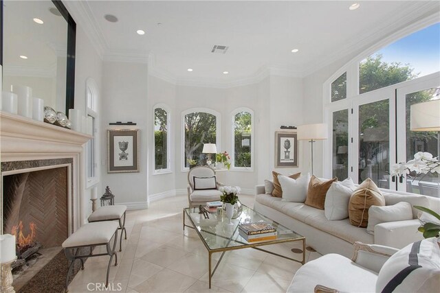 1 Moss Lndg, Laguna Niguel, CA 92677 - living area with a premium fireplace, plenty of natural light, a towering ceiling, and recessed lighting